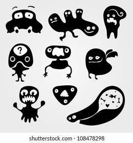 Set of monsters silhouettes with different emotions, vector illustration
