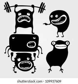 Set of monsters silhouettes with different emotions, vector