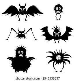 Set of monsters. Simple isolated icons for celebratory design. Black silhouettes on a white background.