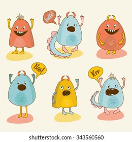 Set of monsters. vector illustration. Fun Cute Cartoon Monsters for Kids. fabulous incredible creatures