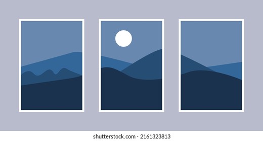 Set of montains night background. Mountain landscape and the moon in a minimalist style. Natural wall art. Vector graphics, vector illustration.