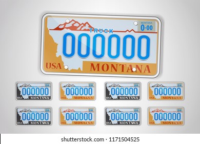 Set Montana auto license plate. Detailed object. Flat vector illustration