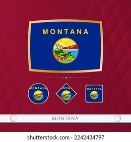 Set of Montana flags with gold frame for use at sporting events on a burgundy abstract background. Vector collection of flags.