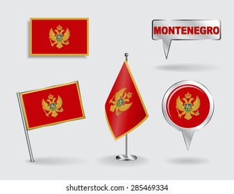 Set of Montenegrin pin, icon and map pointer flags. Vector illustration.