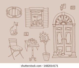 Set of montenegrin sketches. Architectural details, coffee tables, cats, home plants and more.