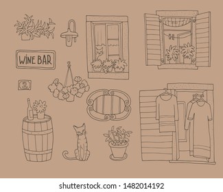 Set of montenegrin sketches. Architectural details, coffee tables, cats, home plants and more.