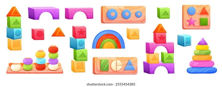 Set of Montessori wooden toys for baby early development. Vector illustration