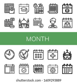 Set of month icons. Such as Calendar, Event, Mosque, Schedule, Planner, Sundial, Fetus, Date , month icons