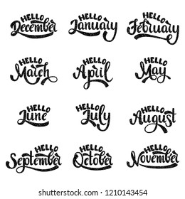 A set of month names. Hello January, February, March, April, May, June, July, August, September, October, November, December.  Handwritten Lettering. Text. Modern Calligraphy. Vector.