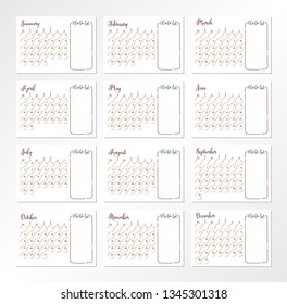 Set of monthly calendar on 2019 year and To Do list near each month.