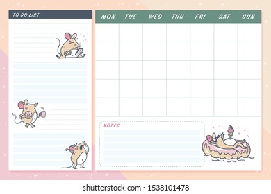 Set of monthly calendar planner page set design template for children with cute hand drawn little mouse character. Flat lay, pastel colors. Back to school equipment. Vector illustration.