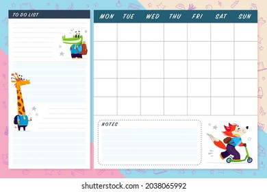Set of monthly calendar planner page set design template for children with cute animal characters. Flat lay, pastel colors. Back to school equipment. Vector illustration.