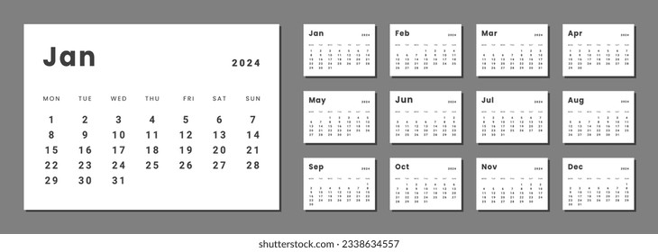 Set of monthly calendar planner page templates for 2024. Vector layout of wall or desk minimalist calendar with week start on Monday for print