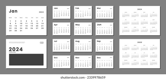 Set of monthly calendar planner page templates for 2024, 2025 and cover with Place for Photo and Company Logo. Vector layout of wall or desk minimalist calendar with week start on Monday for print