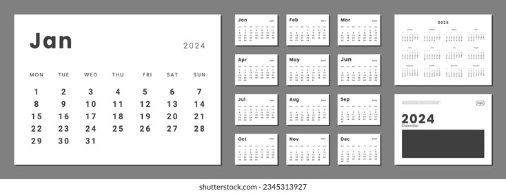 Set monatlicher Kalender-Planer-Seitenvorlagen für 2024, 2025 und Abdeckung mit Place for Foto and Company Logo. Vektorgrafik-Layout von Wand- oder Schreibtischkalender mit Wochenstart Montag für Druck