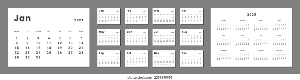 Set of monthly calendar planner page templates for 2024, 2025. Vector layout of wall or desk minimalist calendar with week start on Monday for print