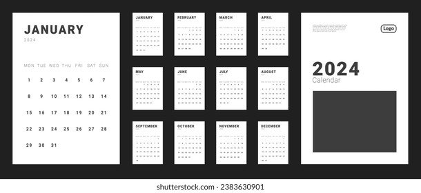 Conjunto de plantillas mensuales de la página Planificador de calendarios para 2024 con portada. Diseño vectorial del calendario minimalista de pared o escritorio con inicio de semana el lunes para impresión. Tamaño de páginas A4 - 21x29,7 cm
