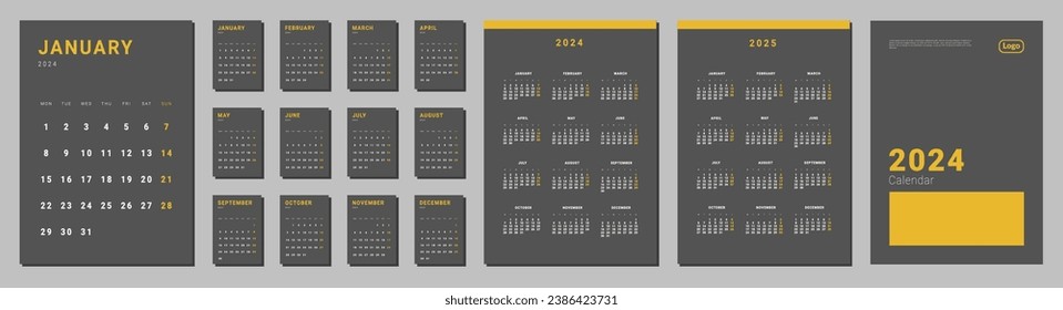 Set of monthly calendar planner page templates for 2024, cover with Place for Photo and Company Logo. Isolated Vector layout calendar with week start on Monday. Page for size A4 in dark color.