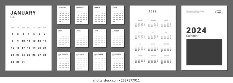 Set of monthly calendar planner page templates for 2024 and cover with Place for Photo and Company Logo. Vector layout minimalist calendar with week start on Monday for print. Page for size A4