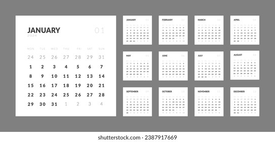 Set of monthly calendar planner page templates for 2024. Vector layout of wall or desk minimalist calendar in Square shape with week start on Monday for print