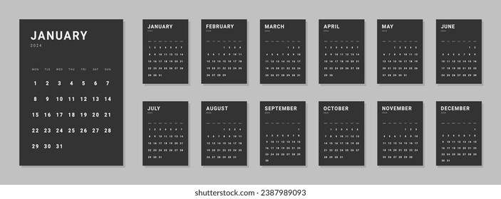 Set of monthly calendar planner page templates for 2024. Isolated Vector layout minimalist of wall or desk calendar with week start on Monday for print. Page for size A4 or 21x29.7 cm in dark color.