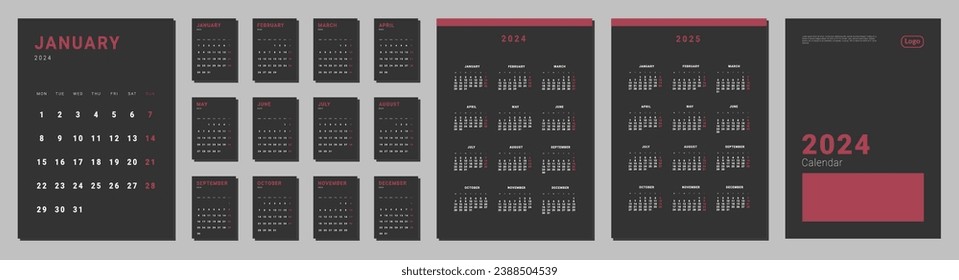 Set of monthly calendar planner page templates for 2024, cover with Place for Photo and Company Logo. Isolated Vector layout calendar with week start on Monday. Page for size A4 in dark color.