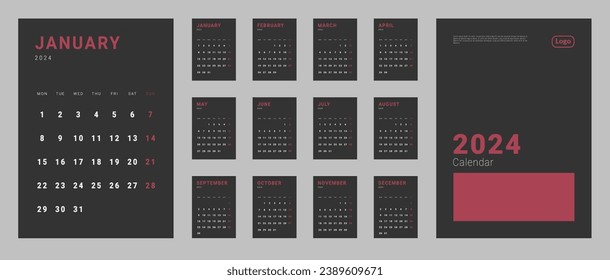 Set of monthly calendar planner page templates for 2024, cover with Place for Photo and Company Logo. Isolated Vector layout calendar with week start on Monday. Page for size A4 in dark color.