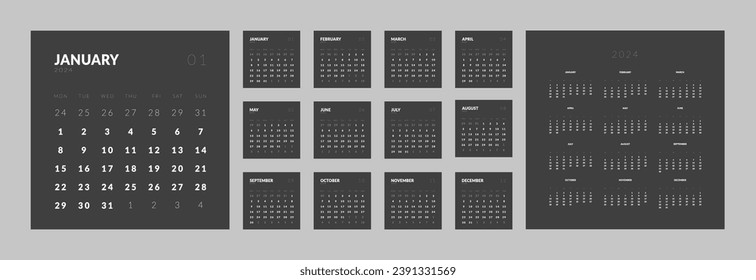 Set of monthly calendar planner page templates for 2024. Vector layout of wall or desk minimalist calendar in Square shape with week start on Monday for print in dark color
