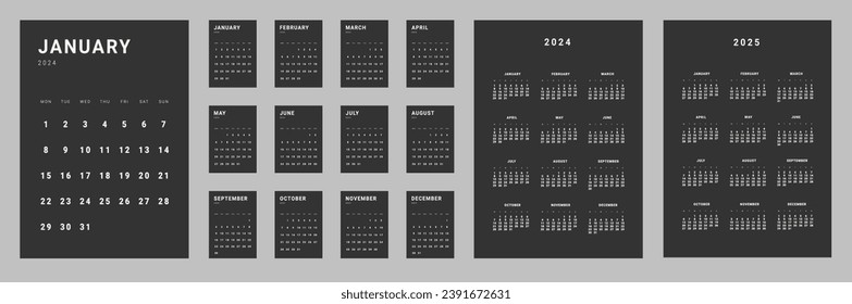 Set of monthly calendar planner page templates for 2024. Isolated Vector layout minimalist of wall or desk calendar with week start on Monday for print. Page for size A4 or 21x29.7 cm in dark color.