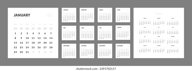 Set of monthly calendar planner page templates for 2024. Vector layout of wall or desk minimalist calendar in Square shape with week start on Monday for print