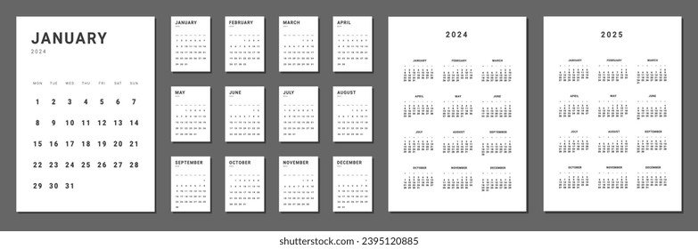 Set of monthly calendar planner page templates for 2024 and cover with Place for Photo and Company Logo. Vector layout minimalist calendar with week start on Monday for print. Page for size A4