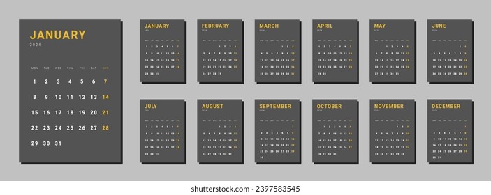 Conjunto de plantillas de páginas de planificadores de calendario mensuales para 2024. Disposición de vectores aislados minimalista de pared o calendario de escritorio con inicio de semana el lunes para impresión. Página para el tamaño A4 o 21x29,7 cm en color oscuro.