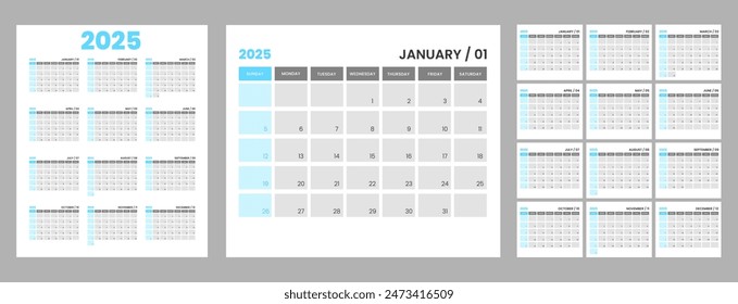 Set of monthly calendar template for 2025 year. Wall calendar in a minimalist style. Week Starts on Sunday. Planner for 2025 year.