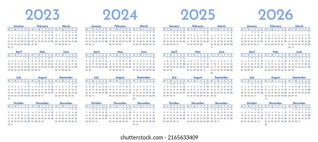 Conjunto de plantillas de calendario mensuales para 2023, 2024, 2025, 2026 años. La semana comienza el lunes. Calendario de diseño de página con un estilo minimalista. Cuadrícula de tabla vertical. Organizador de la agenda. Ilustración del vector