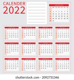 Conjunto de plantillas de calendario mensuales, calendarios de pared o escritorio para 2022 con el inicio de la semana del domingo. registros mensuales. fondo rojo