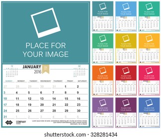 Set of monthly calendars January - December for year 2016, week starts on Sunday, vector illustration