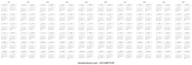 Set of monthly calendars for years 2021 - 2030. Week starts on Monday. Block of months in six rows and two columns vertical arrangement. Simple thin minimalist design. Vector illustration. svg