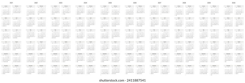 Set of monthly calendars for years 2021 - 2030. Week starts on Sunday. Block of months in six rows and two columns vertical arrangement. Simple thin minimalist design. Vector illustration.