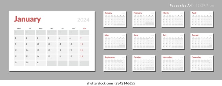 Set of Monthly page Calendar Planner Templates 2024. Vector layout of a wall or desk simple calendar with week start monday. Calendar grid in grey, red color for print. Page for size A4 or 21x29.7 cm