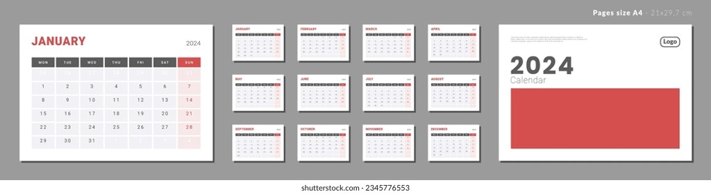 Set of Monthly page Calendar Planner Templates 2024 with cover. Vector layout of a wall or desk simple calendar with week start monday. Calendar grid for print. Page for size A4 or 21x29.7 cm