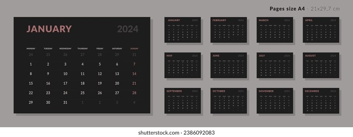 Set of Monthly page Calendar Planner Template on 2024. Isolated Vector layout horizontal of a wall or desk calendar with week start Monday. Pages for size A4 or 21x29.7 cm in dark color.