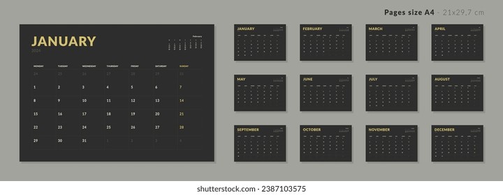 Set of Monthly page Calendar Planner Template on 2024. Isolated Vector layout horizontal of a wall or desk calendar with week start Monday. Pages for size A4 or 21x29.7 cm in dark color.