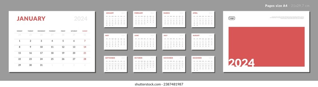 Conjunto de la página mensual Calendario Planner Template y portada con el logotipo Place for Photo and Company en 2024. Diseño vectorial de una pared o calendario de escritorio con semana de inicio el lunes. Páginas para el tamaño A4 para impresión.