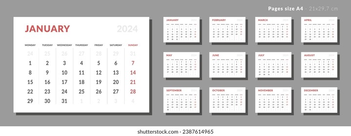 Set of Monthly page Calendar Planner Template on 2024. Vector layout horizontal of a wall or desk calendar with week start Monday. Pages for size A4 or 21x29.7 cm. Isolated Calendar grid for print.