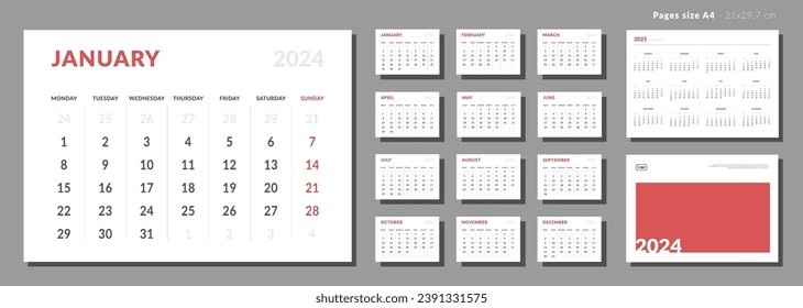 Set of Monthly page Calendar Planner Template 2024, cover with Place for Photo and Company Logo and annual calendar of 2025. Isolated Vector layout of a wall or desk calendar with week start Monday
