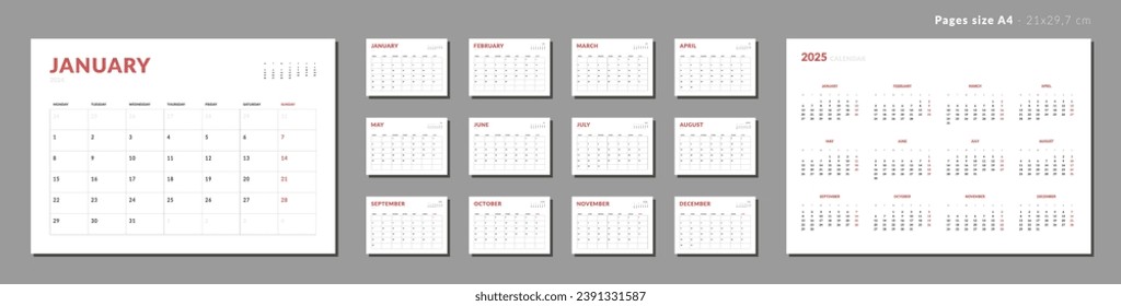 Set of Monthly page Calendar Planner Template 2024 and annual calendar of 2025. Vector layout of a wall or desk calendar with week start Monday. Pages for size A4. Isolated Calendar grid for print