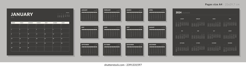 Set of Monthly page Calendar Planner Template on 2024. Isolated Vector layout horizontal of a wall or desk calendar with week start Monday. Pages for size A4 or 21x29.7 cm in dark color.