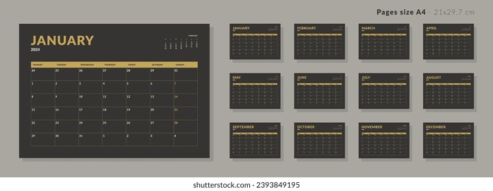 Set of Monthly page Calendar Planner Template on 2024. Isolated Vector layout horizontal of a wall or desk calendar with week start Monday. Pages for size A4 or 21x29.7 cm in dark color.