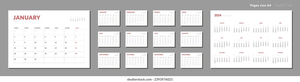 Set of Monthly page Calendar Planner Template on 2024. Vector layout horizontal of a wall or desk calendar with week start Monday. Pages for size A4 or 21x29.7 cm. Isolated Calendar grid for print.