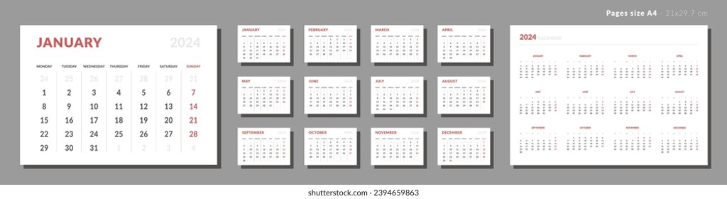 Set of Monthly page Calendar Planner Template on 2024. Vector layout horizontal of a wall or desk calendar with week start Monday. Pages for size A4 or 21x29.7 cm. Isolated Calendar grid for print.